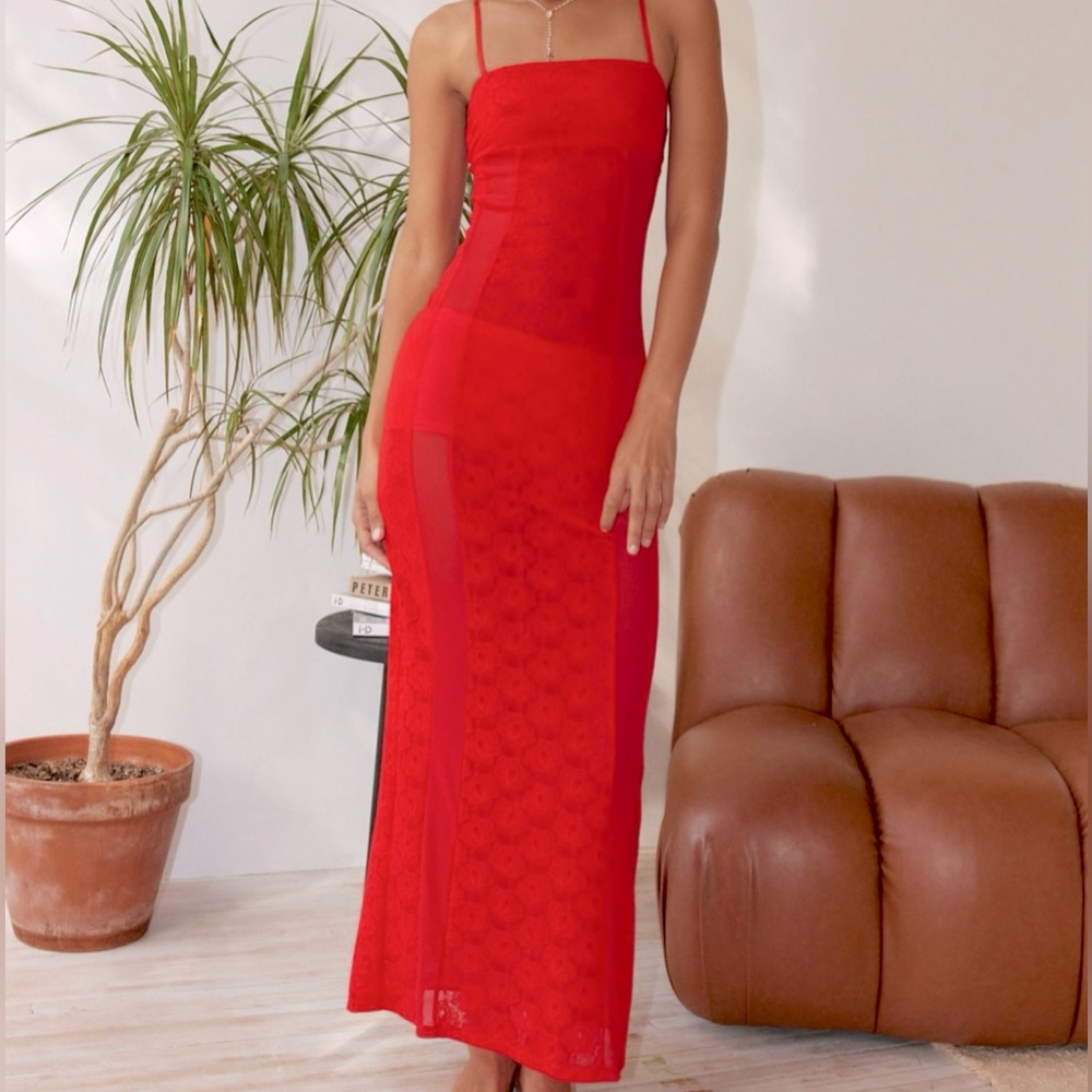 Out from under Genevieve red sheer lace Maxi dress in size small